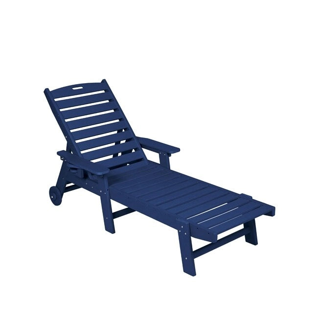 3-Piece Patio Set 2 Oversized Chaise Lounges (5-Position, Wheels, Cup Holder) + Side Table, All-Weather Wood Texture.