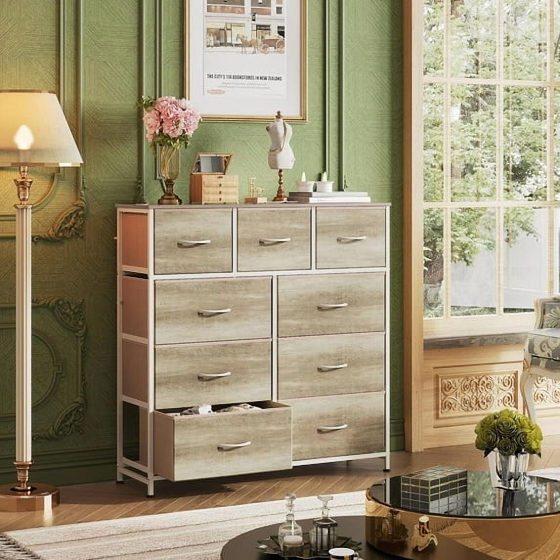 Dresser, Storage Organizer with 9 Drawers for Bedroom, Chest of Drawer with Fabric Bin, Sturdy Metal Frame, Wood Top for Closet, Nursery,Black