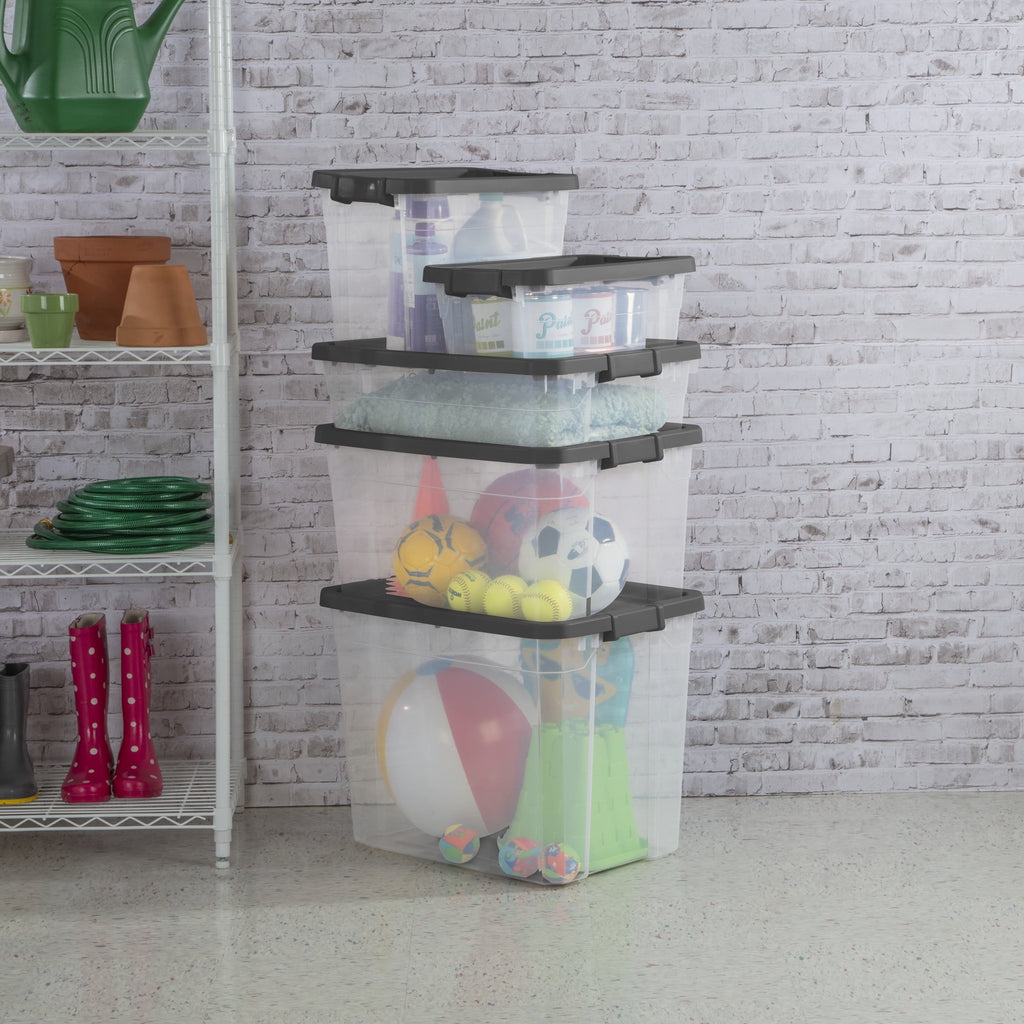 76 Quart Stacker Storage Bin, Clear Plastic Storage Container with Latch Lid, , Dark Gray