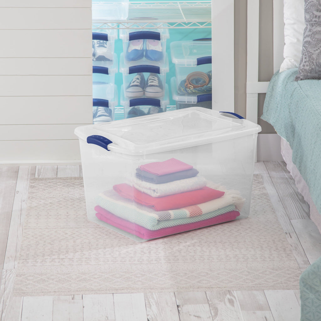 66 Quart Large Latching Storage Bin, Clear Plastic Storage Container with Latch Lid, Blue