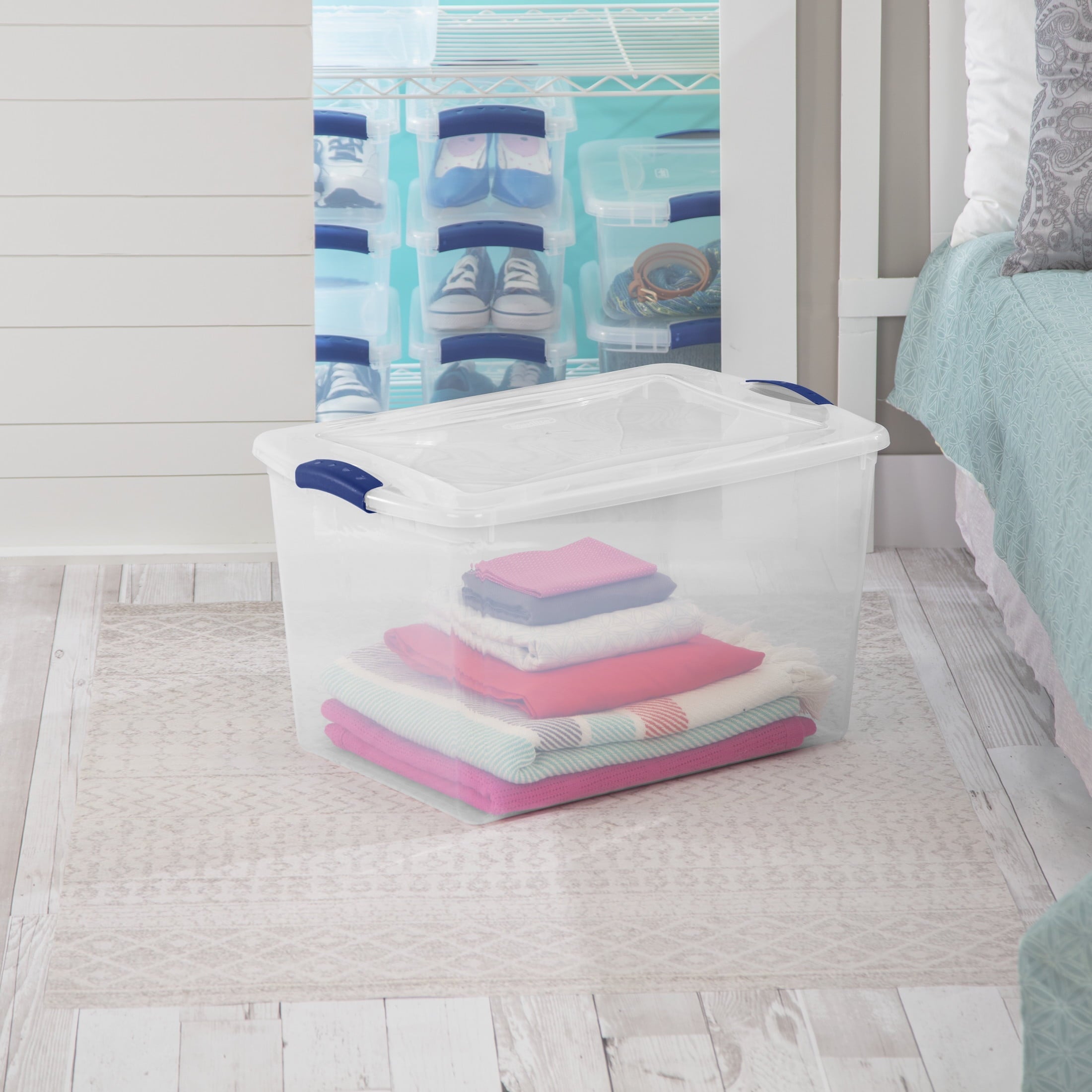 66 Quart Large Latching Storage Bin, Clear Plastic Storage Container with Latch Lid, Blue
