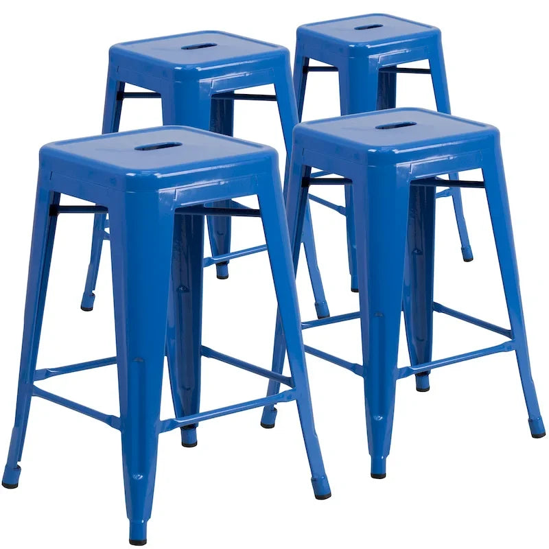 4 Pack 24H Backless Metal Indoor-Outdoor Counter Height Stool w/Square Seat