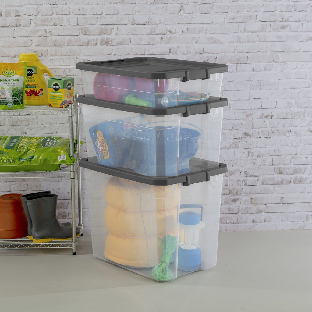 108 Quart Extra-Large Storage Bin, Clear Plastic Storage Container with Latch Lid, Dark Gray