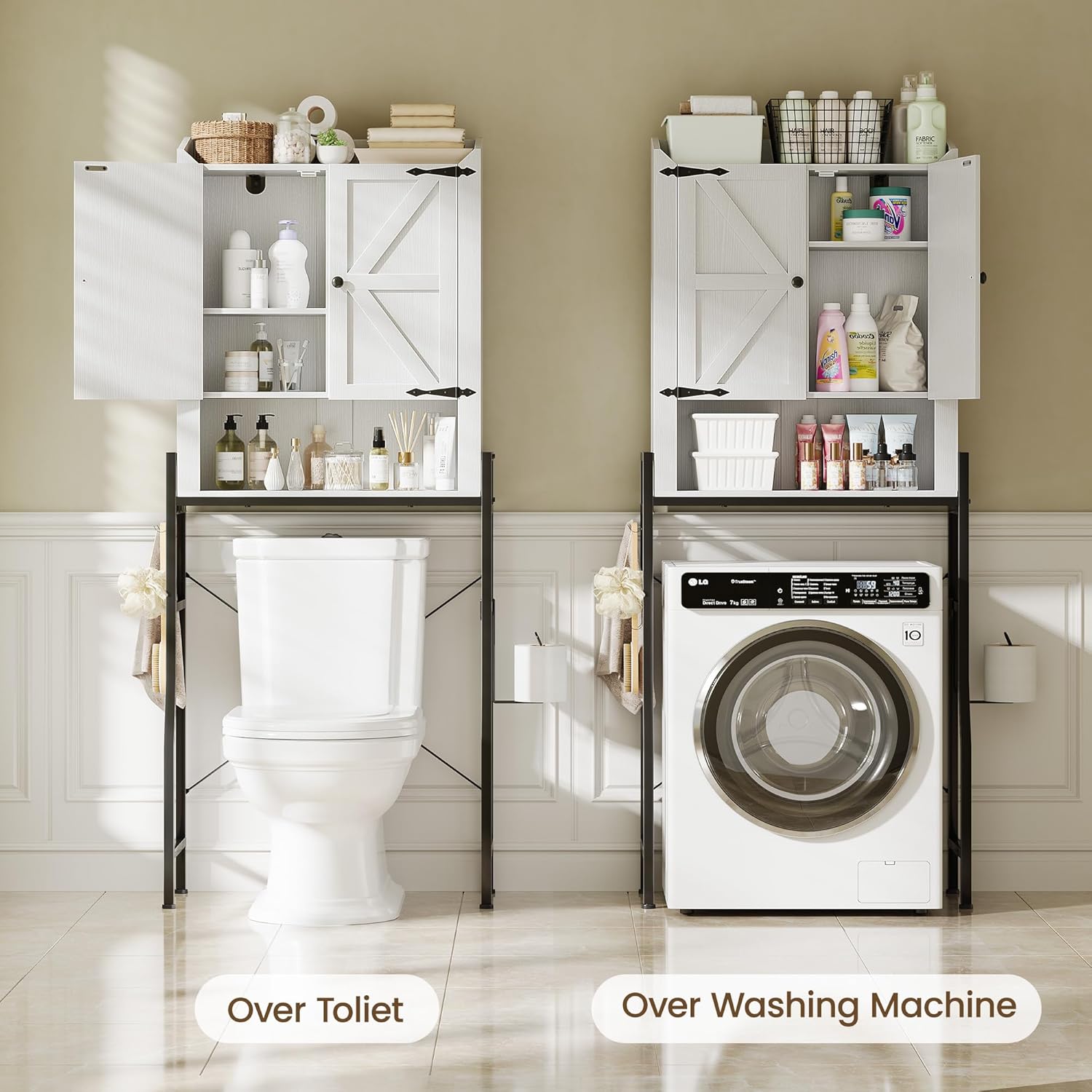 Memobarco Over The Toilet Storage Cabinet, Over Toilet Organizer with 2-Door & Metal Stand, Bathroom Organizers and Storage with Adjustable Shelves for Bathroom, Restroom, Laundry, White