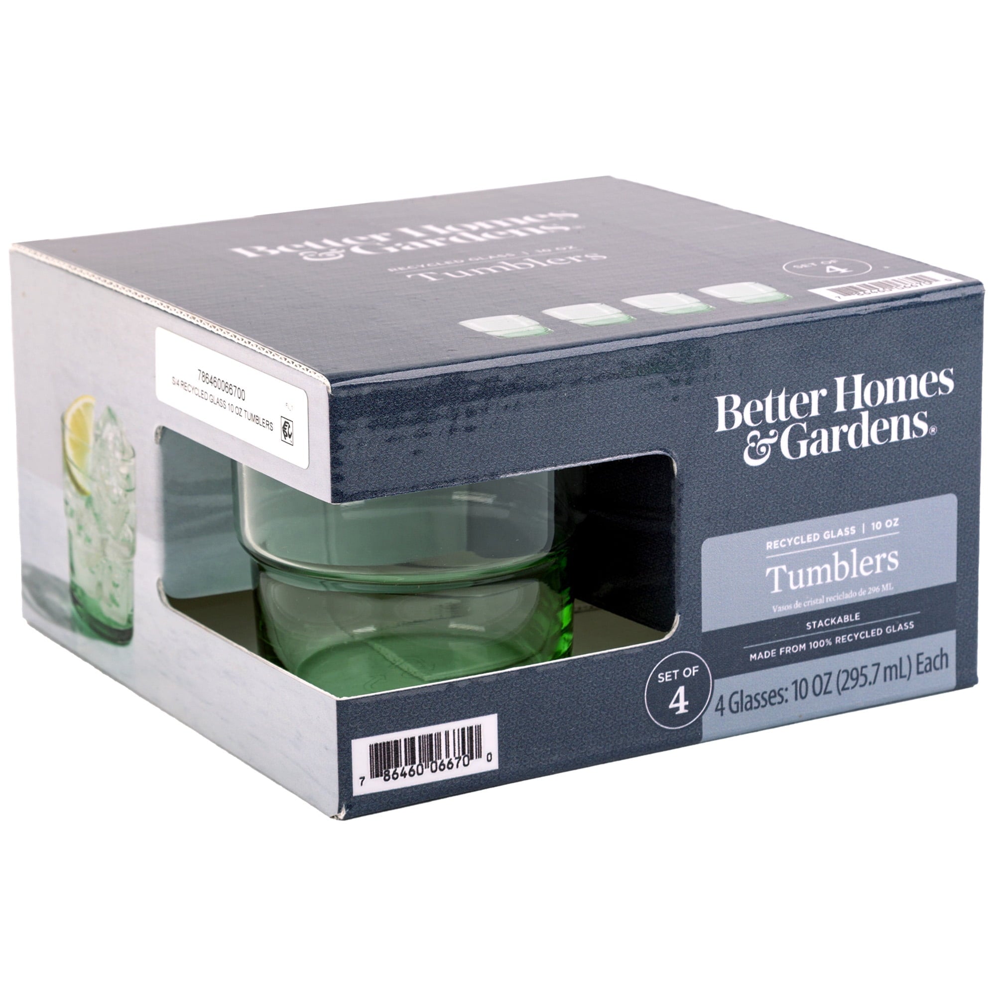 Better Homes & Gardens Recycled Green Glassware, Glass, 4 Pack, 10 oz