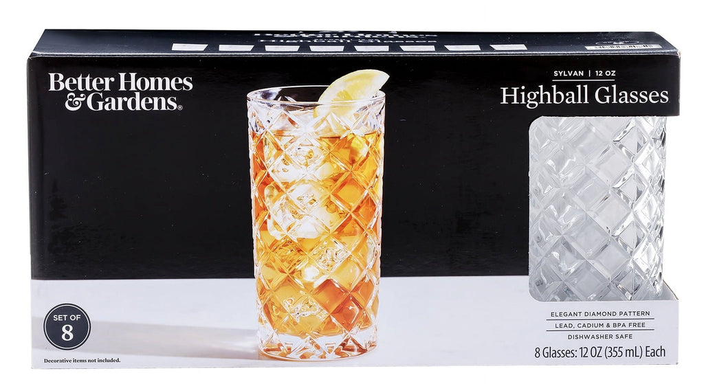 Better Homes & Gardens Diamond Cut Tumbler Clear Drinking Glass, 8 Pack