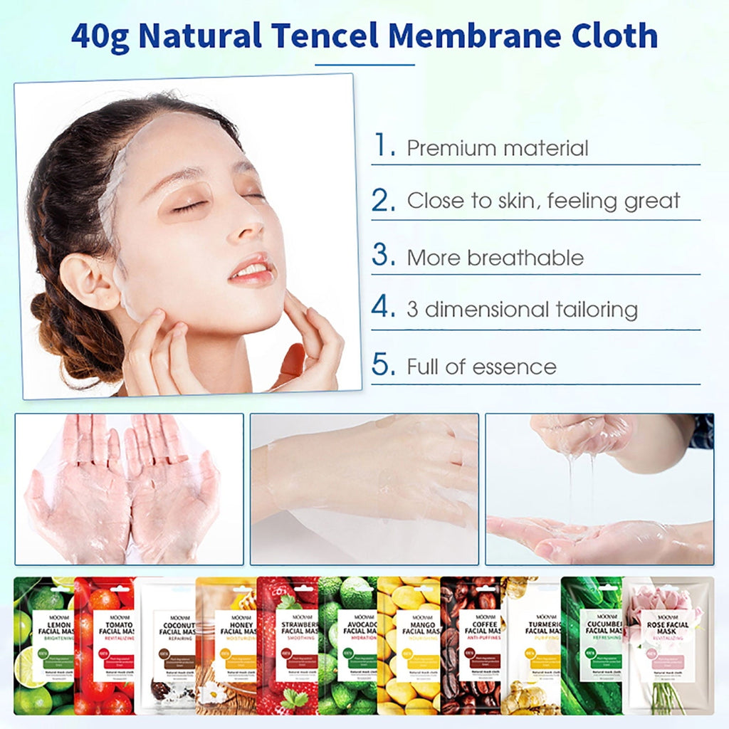 11 Pack Fruit Moisturizing Facial Mask Sheet, Rich in Fruit Essence Face Mask to Brighten and Hydrate Dull Skin