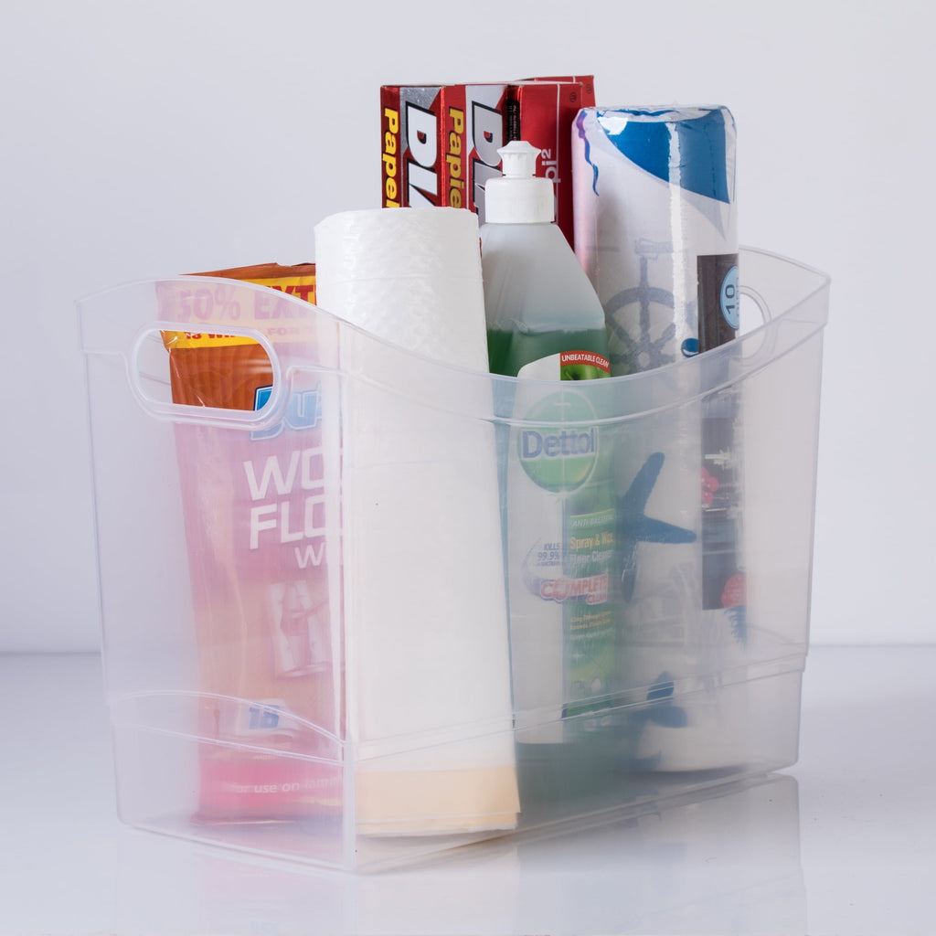 12 Qt Clear Plastic Storage Bin Organizer with Carrying Handles, Narrow Rectangular Utility Container for Pantry, Closet, Cabinet and Shelf Storage