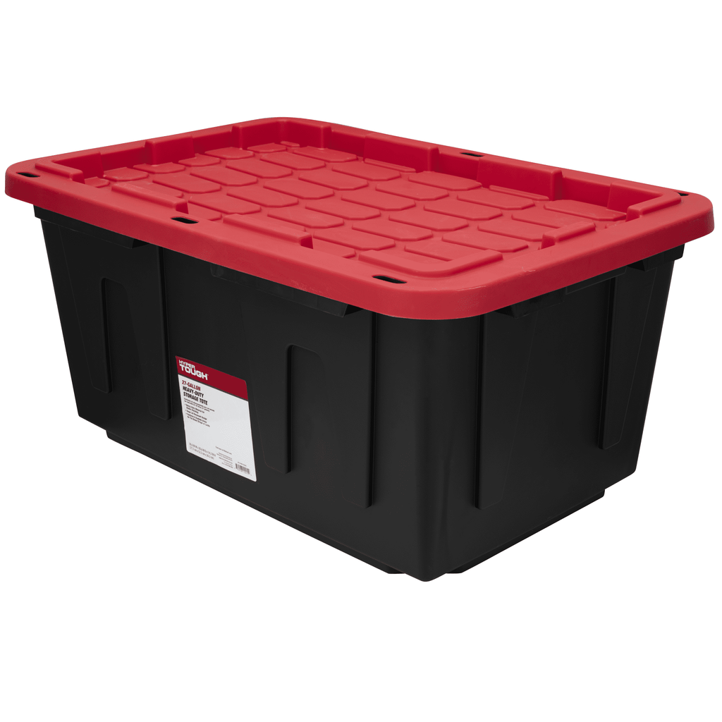 27 Gallon Large Storage Bin with Snap Lid, Black and Red, Heavy Duty Plastic Storage Container