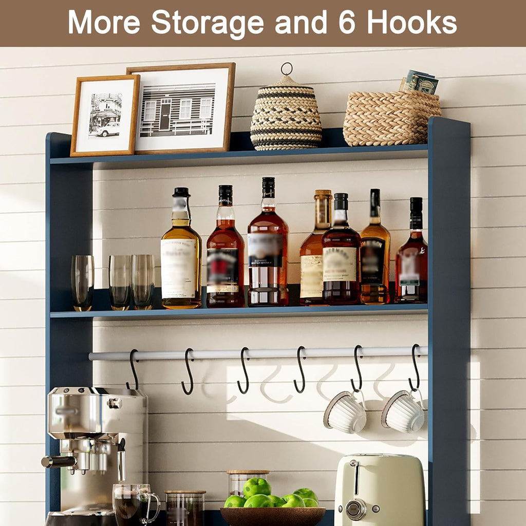 ChooChoo Farmhouse Coffee Bar Cabinet with Storage, Bakers Rack with Power Outlets, Microwave Stand Kitchen Cabinet with Hutch and 6 Hooks, Blue