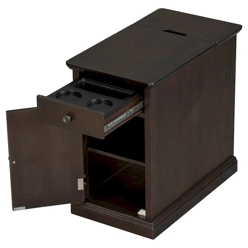 Classic Vintage End Table Side Table with USB Ports and 1 Multifunctional Drawer with Cup Holders