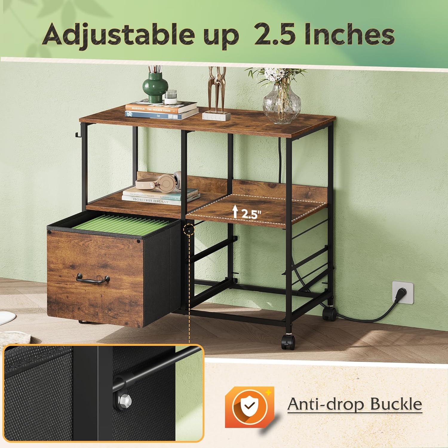 DEVAISE 3 Drawer Mobile File Cabinet, Rolling Printer Stand with Storage Shelf, Fabric Lateral Filing Cabinet fits A4 or Letter Size, Adjustable Shelf for Home Office, Rustic Brown