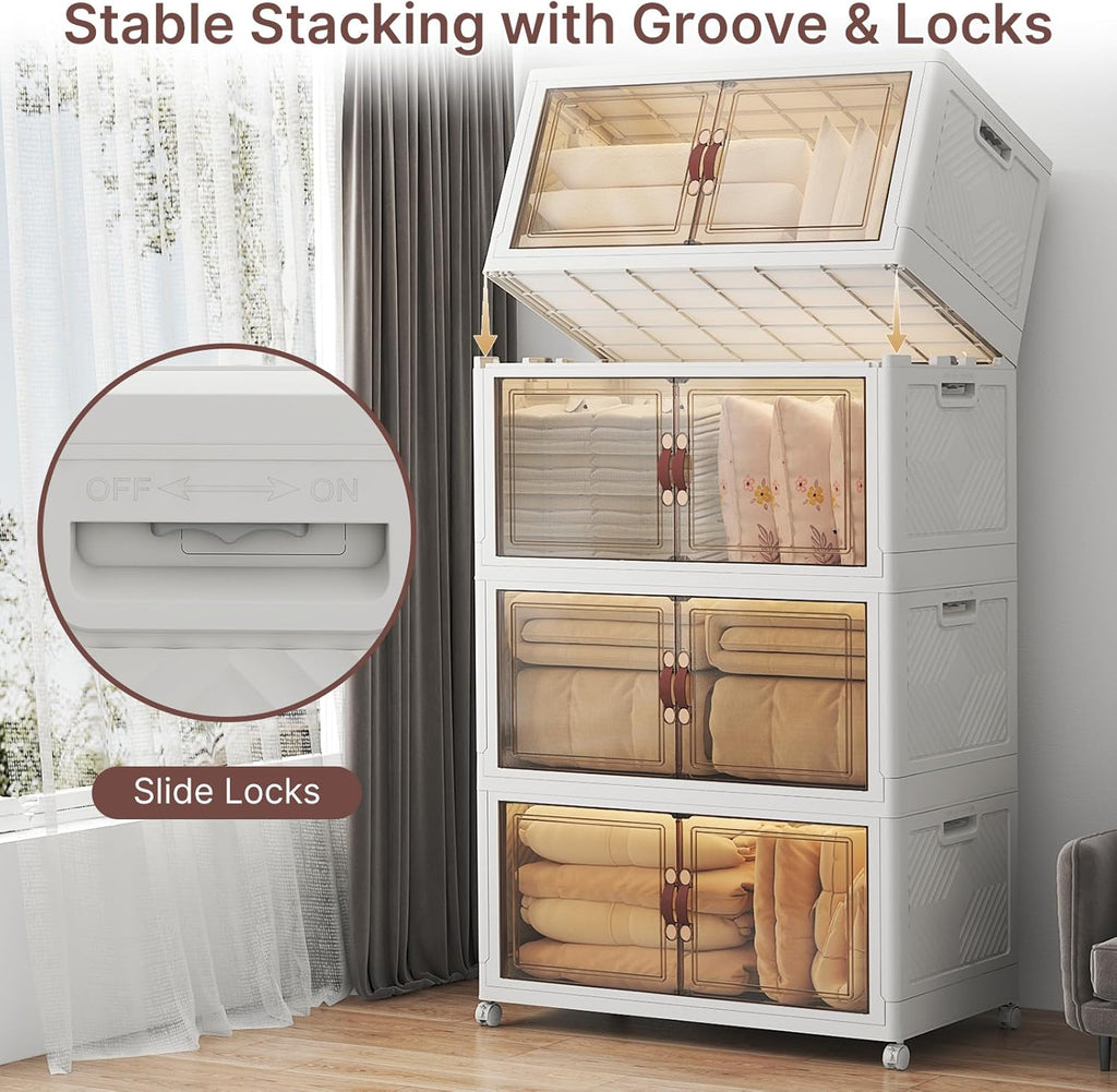 UAMFURI Stackable Storage Bins with Lids, 720QT Closet Organizers and Storage with Doors and Wheels, Extra Large Storage Cabinet, Collapsible Plastic Drawers for Bedroom Dorm Office Garage