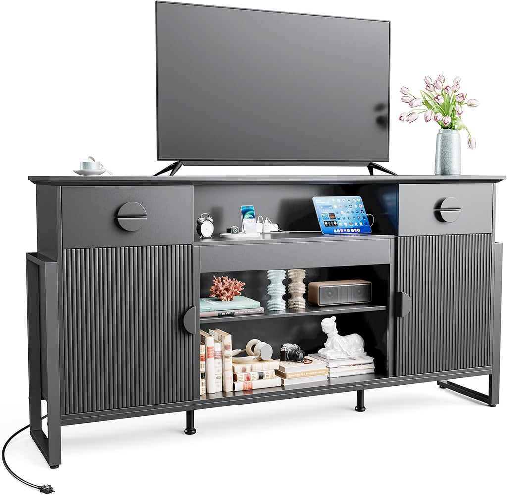 Naice TV Stand for 80 Inch TVs, 38" Tall Entertainment Center with Power Outlet, Stylish TV Stand w/Drawers & Cabinets, Raising Legs, Curved Profile Design, Media Console for Living Room, Black
