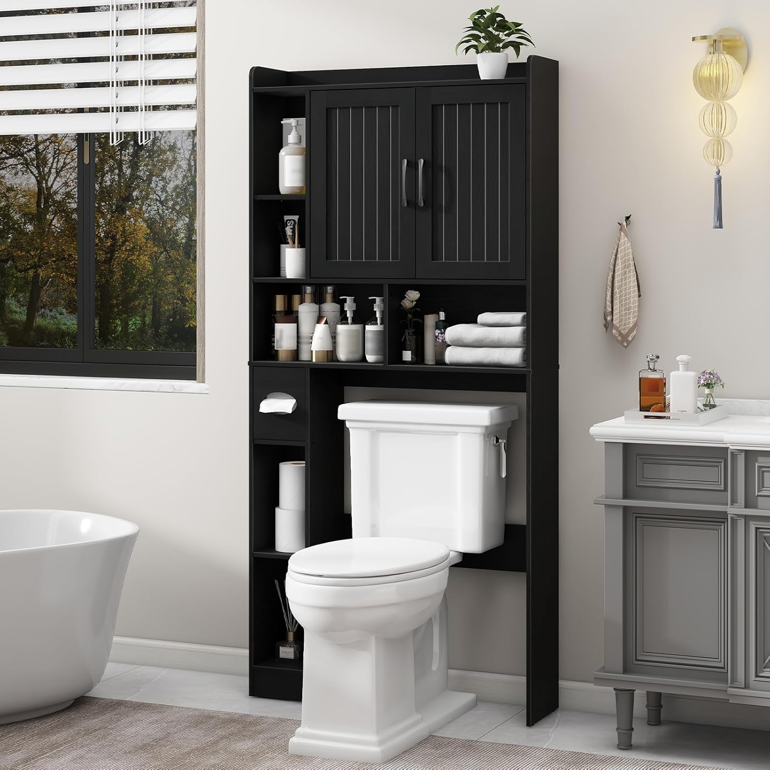 Vabches Over The Toilet Storage Cabinet, Farmhouse Storage Cabinet Over Toilet with Barn Door, Home Space-Saving Toilet Rack, for Bathroom, Restroom, LaundryBlack.