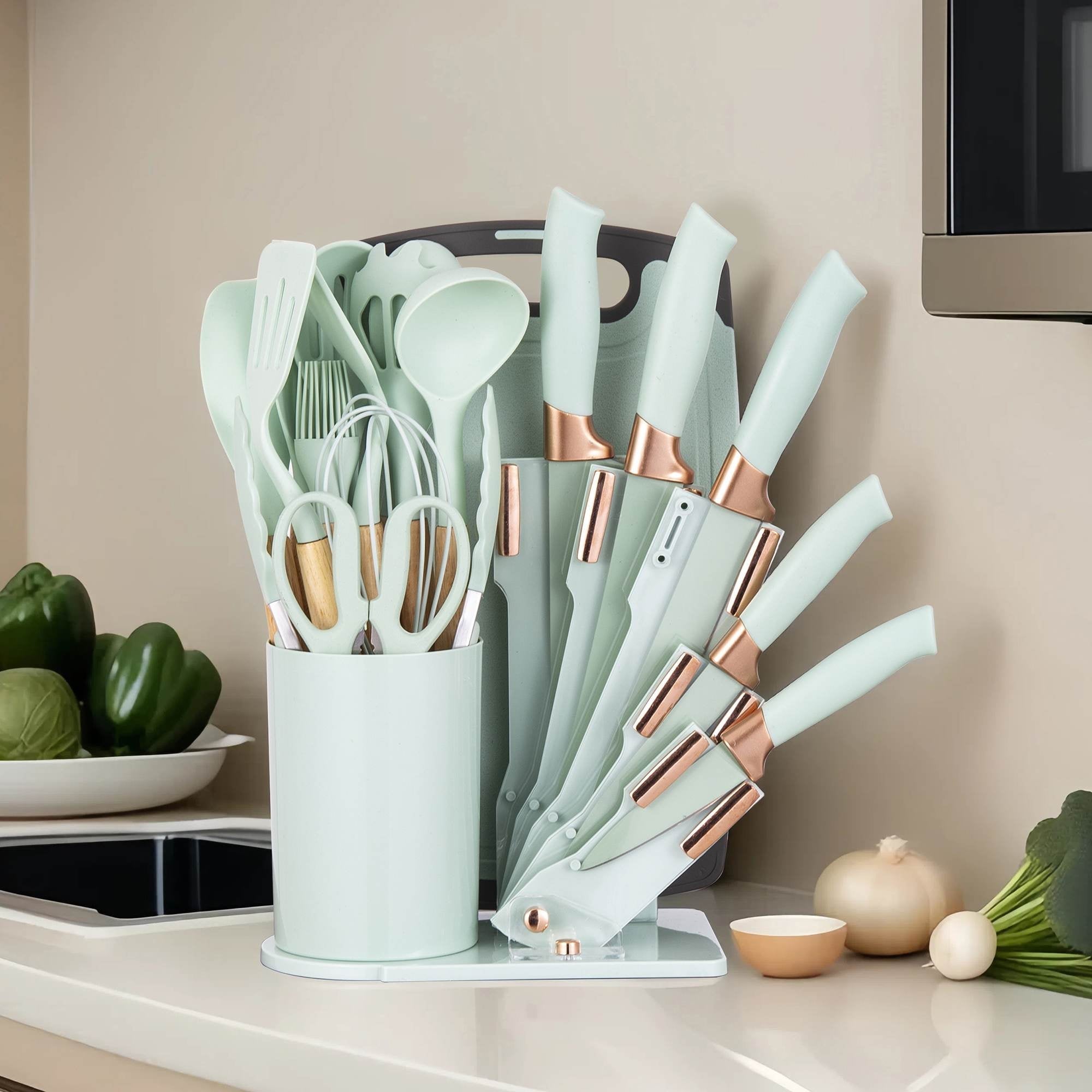 19-Piece Silicone Kitchen Utensil & Knife Set - Heat-Resistant Cooking Tools Non-Stick Safe Gift for Mom or Women Black