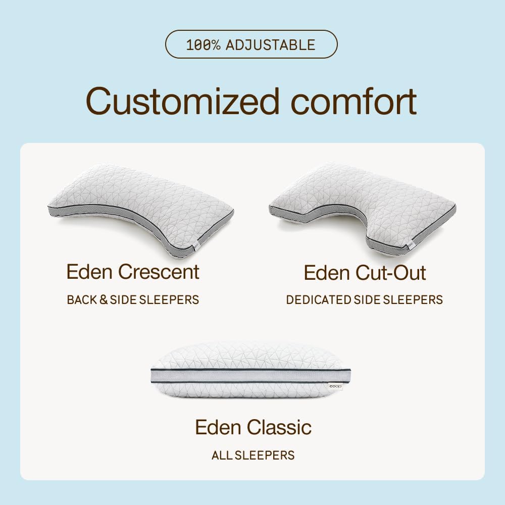 Coop Home Goods Eden Crescent Bed Pillow for Side & Back Sleepers, Queen Size, Adjustable Medium Soft Memory Foam Pillow with Cooling Gel & Ergonomic Crescent Shape, CertiPUR-US/GREENGUARD Gold