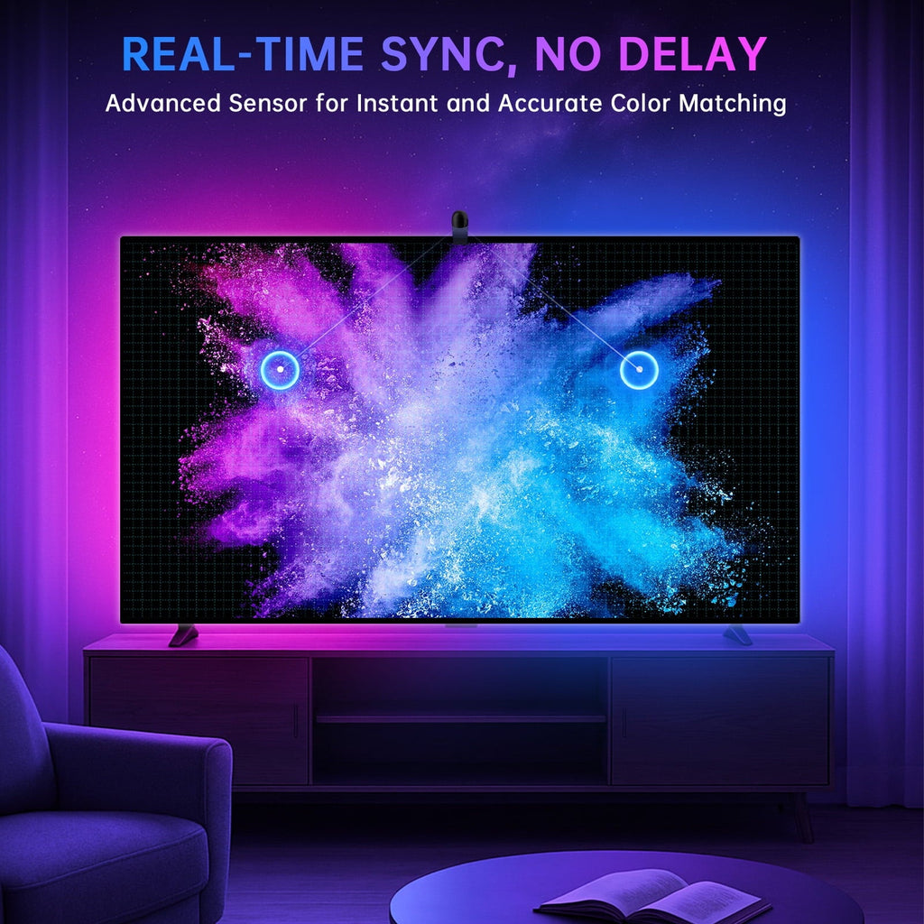 14.76ft TV LED Backlight with Screen Sync Sensor, App Control RGB Strip for 55-65" TVs, Game & Movie Color Changing