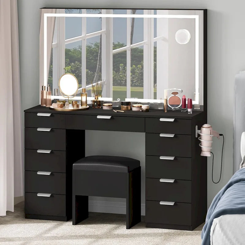 Moasis 46 Vanity With Built-in Socket With Illuminated Mirror and Hair Dryer Rack - 55.8 H X 46 W X 11.7 D