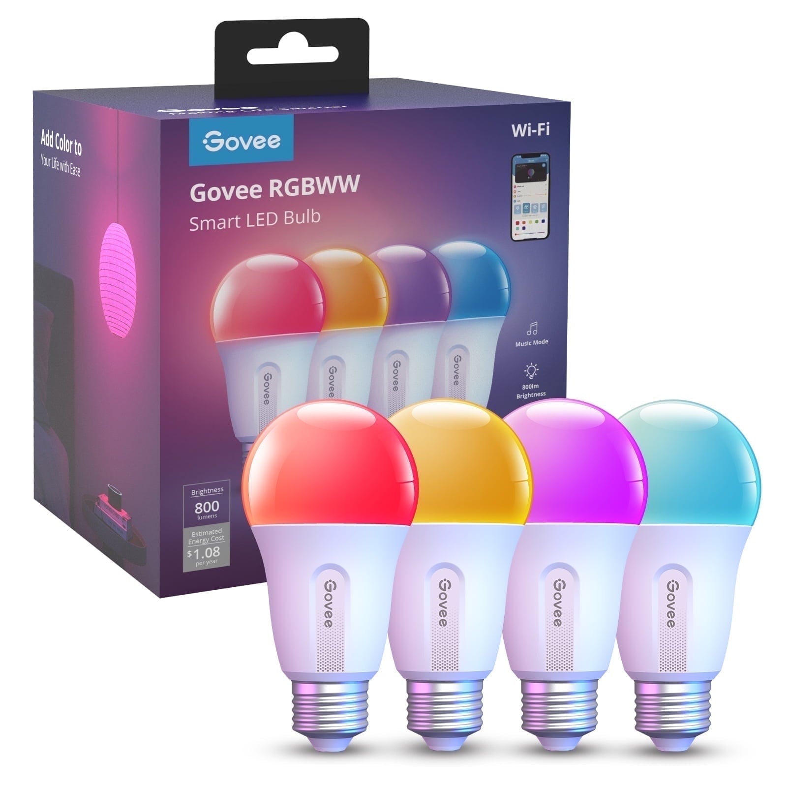 800LM RGBWW Smart A19 LED Smart Bulb 4 Packs