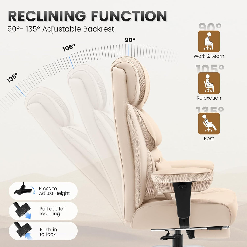 BestGlory Office Desk Chair, Big and Tall Leather Gaming Chair with Footrest, Wide Ergonomic Comfy Executive High-Back Reclining Computer Chairs, Swivel Rolling Wheels and Padded Lumbar Support, Beige