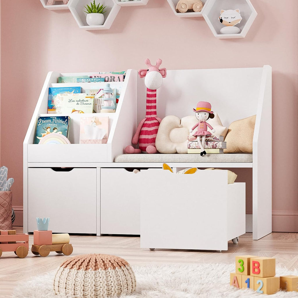 40" Kids Reading Nook with Bench, Toy Storage Organizer and Bookshelf with Seat Cushion, Kids Bookshelf with 3 Movable Drawers, Toy Storage Box on Wheels, Ideal for Nursery, Playroom, Bedroom, White