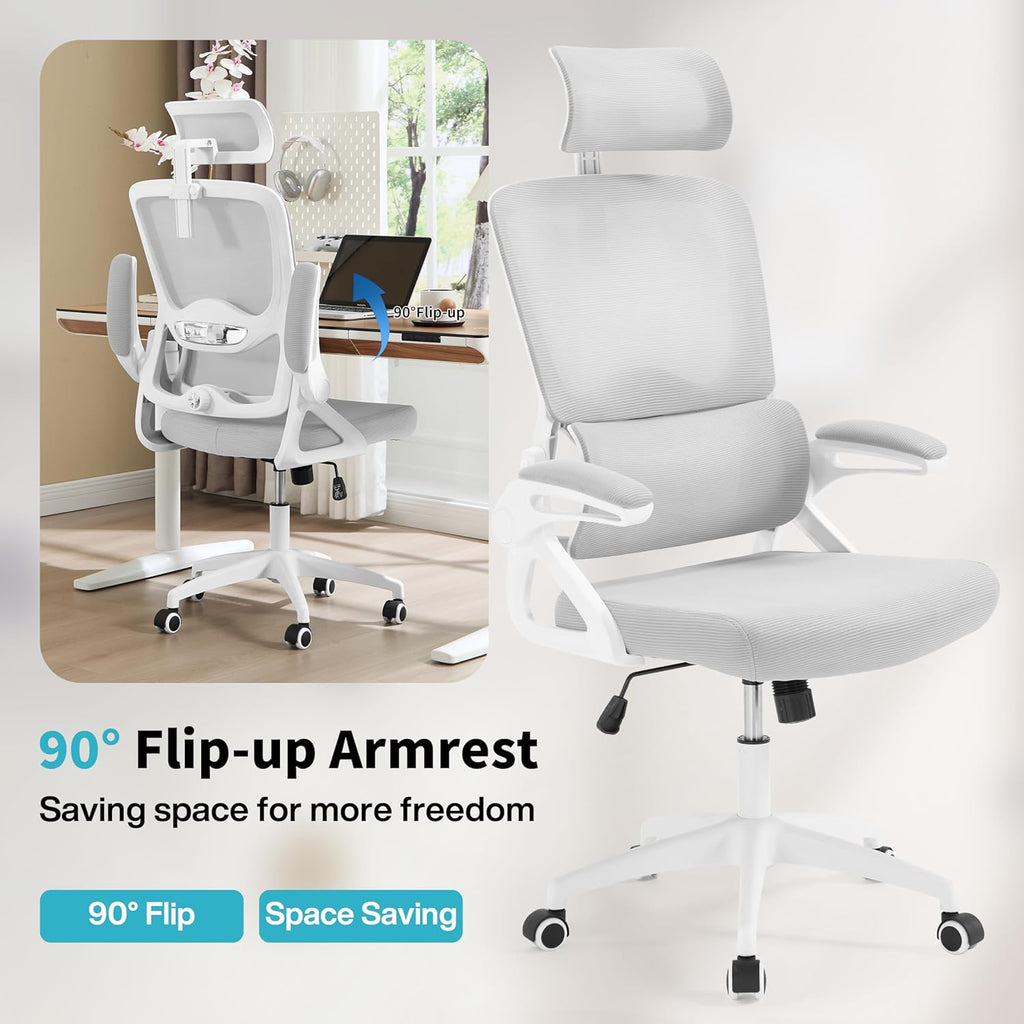 Ergonomic Office Chair,Mesh Office Chair with Lumbar Support,High Back Desk Chair with Flip-up Arms,400 lbs Big and Tall Computer Chair with Headrest,Comfy Desk Chairs (Light Grey)