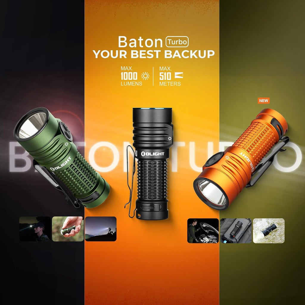 Baton Turbo EDC Rechargeable Handheld Flashlight, 1000 Lumens Compact LED and 510 Meters Long Throw Powerful Light, with Two-Way Clip and Landyard for Camping, Home Use (Roadster)