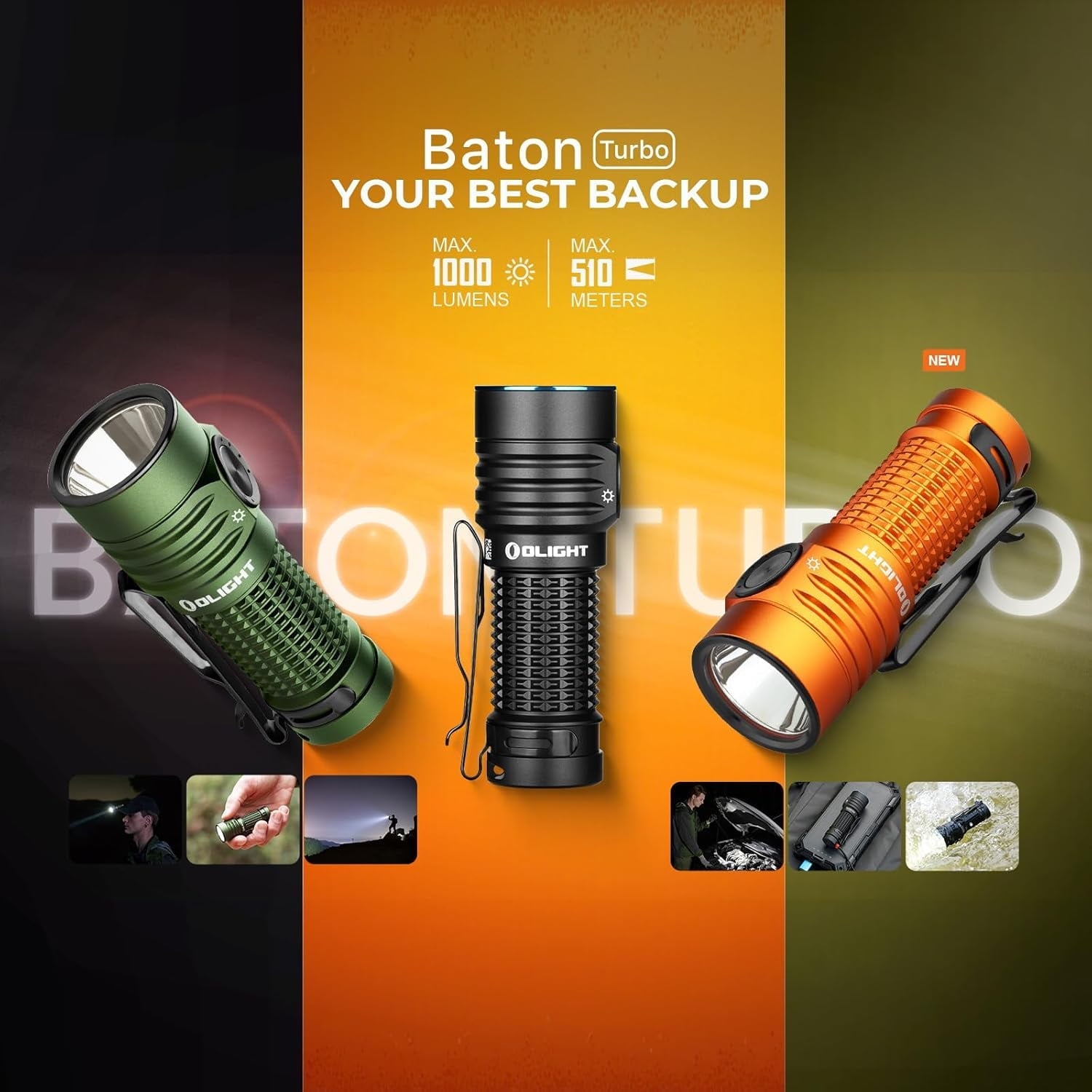 Baton Turbo EDC Rechargeable Handheld Flashlight, 1000 Lumens Compact LED and 510 Meters Long Throw Powerful Light, with Two-Way Clip and Landyard for Camping, Home Use (Roadster)