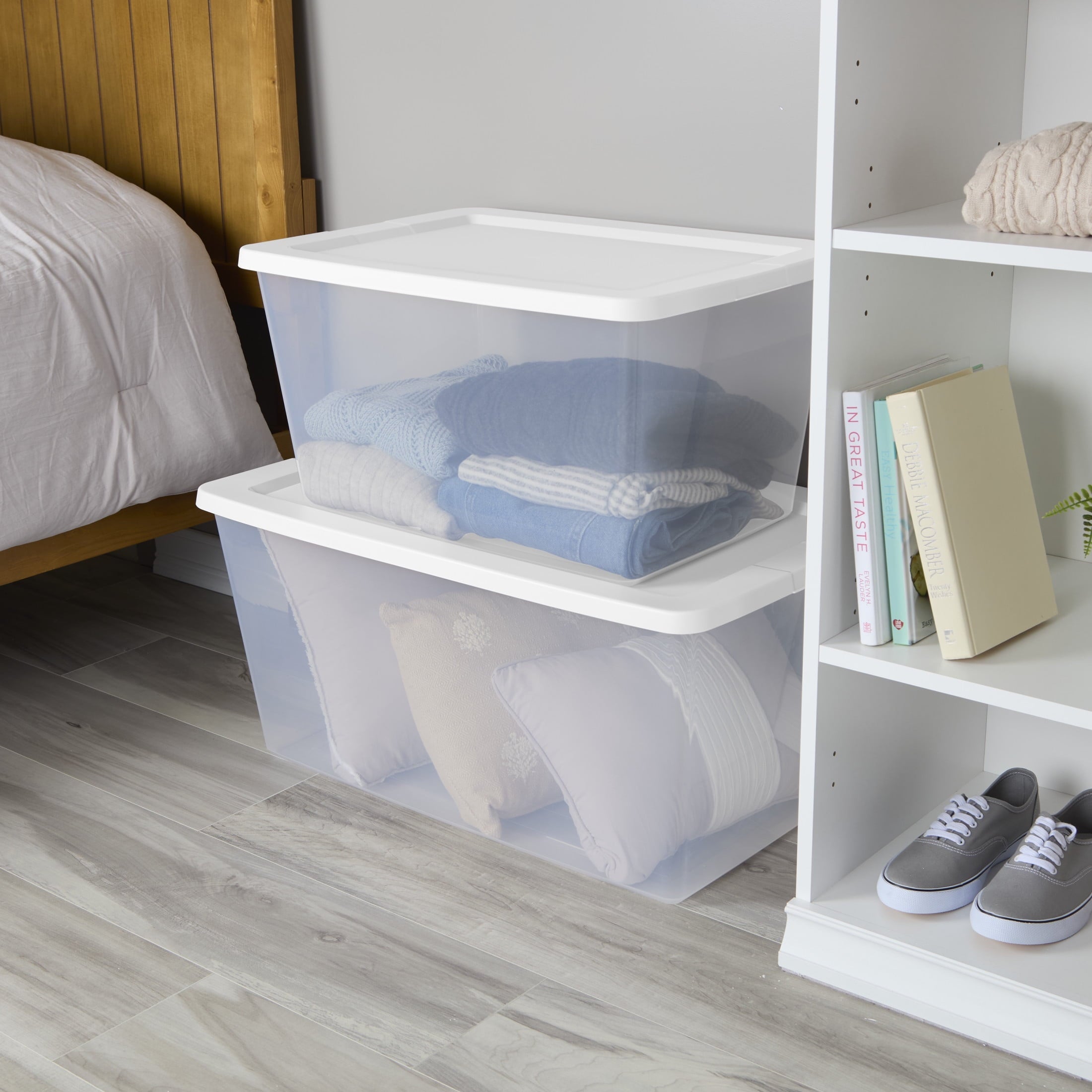 58 Quart Medium Storage Bin, Clear Plastic Storage Container with Snap-On Lid, White