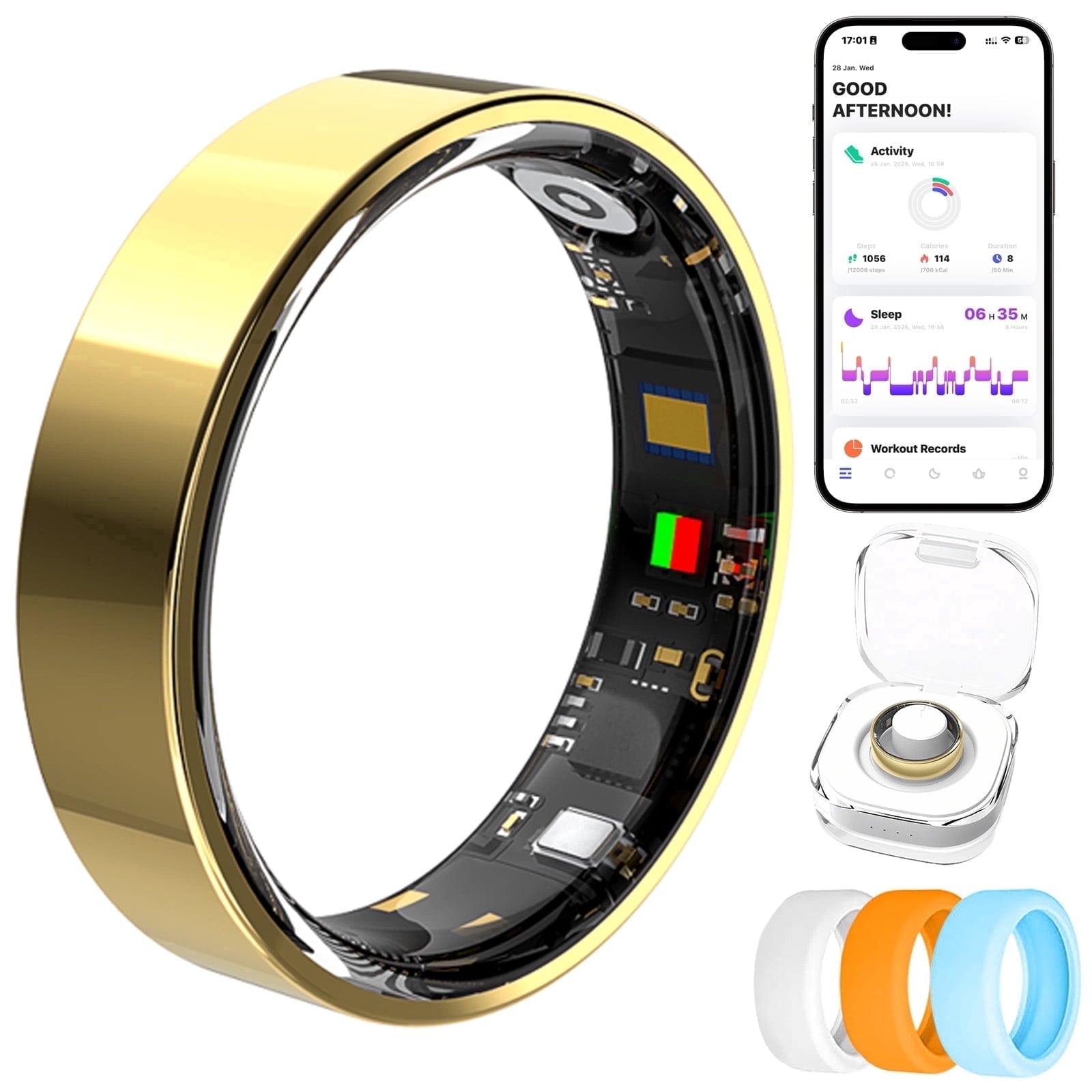 Fitness Tracking Ring, 7-Day Battery, Heart Rate Sleep Monitor, No Subscription, IP68 Waterproof, Stainless Steel - Size 7, Black
