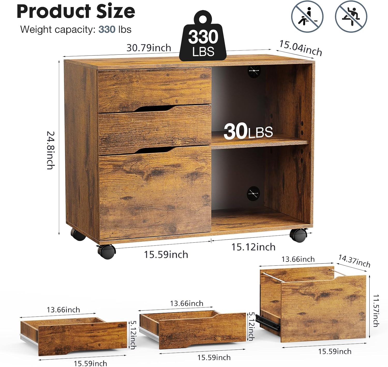 DUMOS Lateral File Cabinet with 3 Drawers Rolling Filing Cabinets Under Desk Storage Printer Stand Wood Organizer with Wheels Adjustable Shelf for Office Home Small Space, Brown