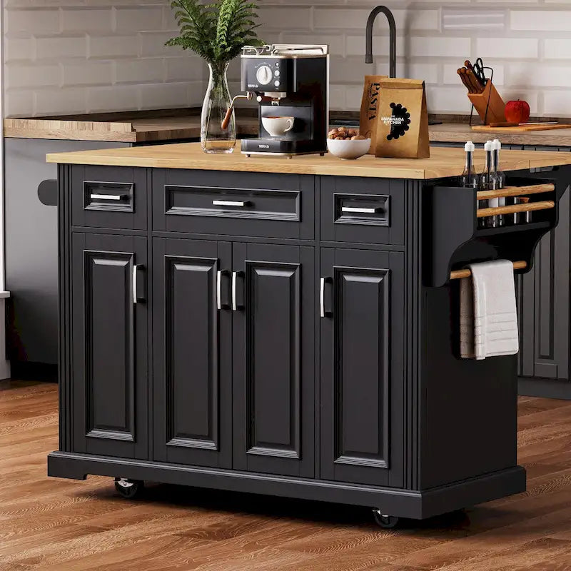 54 Large Kitchen Island with Rubber Wood Drop Leaf, Embossed Texture Rolling Kitchen Cart on 4 Wheels with 4 Doors & 3 Drawers