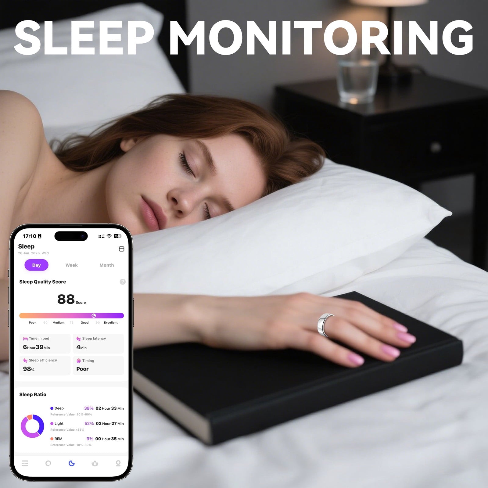 Fitness Tracking Ring, 7-Day Battery, Heart Rate Sleep Monitor, No Subscription, IP68 Waterproof, Stainless Steel - Size 7, Black