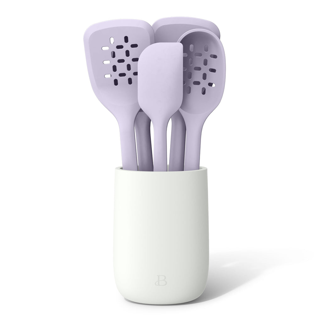 6-Piece Silicone Tool Set with Ceramic Crock, Porcini Taupe by Drew Barrymore