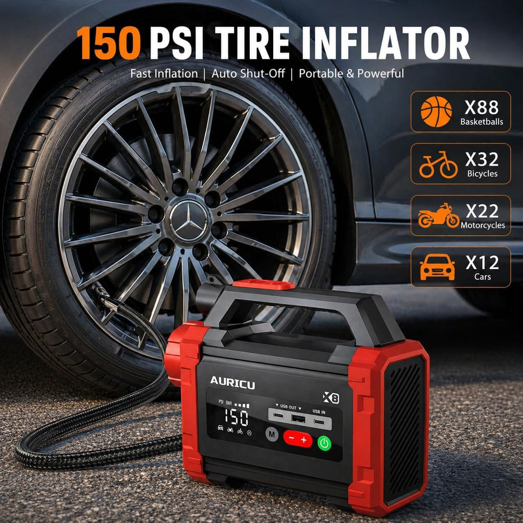 X8 2400A Jump Starter 150 PSI Air Compressor 12V Lithium Battery Booster Pack, Portable Jump Box, Power Bank & Jumper Cables for Max 8.0L Gas Engines and Max 6.0L Diesel Engine