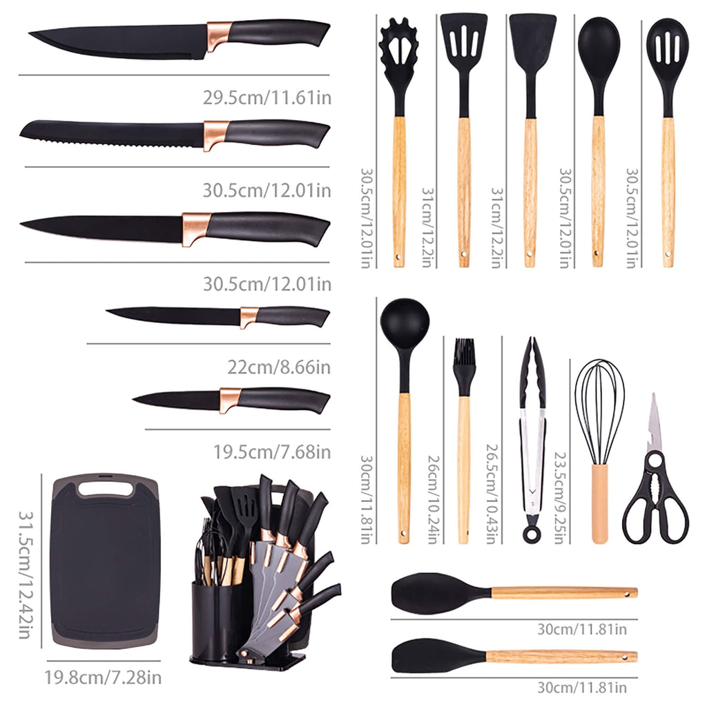 19-Piece Silicone Kitchen Utensil & Knife Set - Heat-Resistant Cooking Tools Non-Stick Safe Gift for Mom or Women Black
