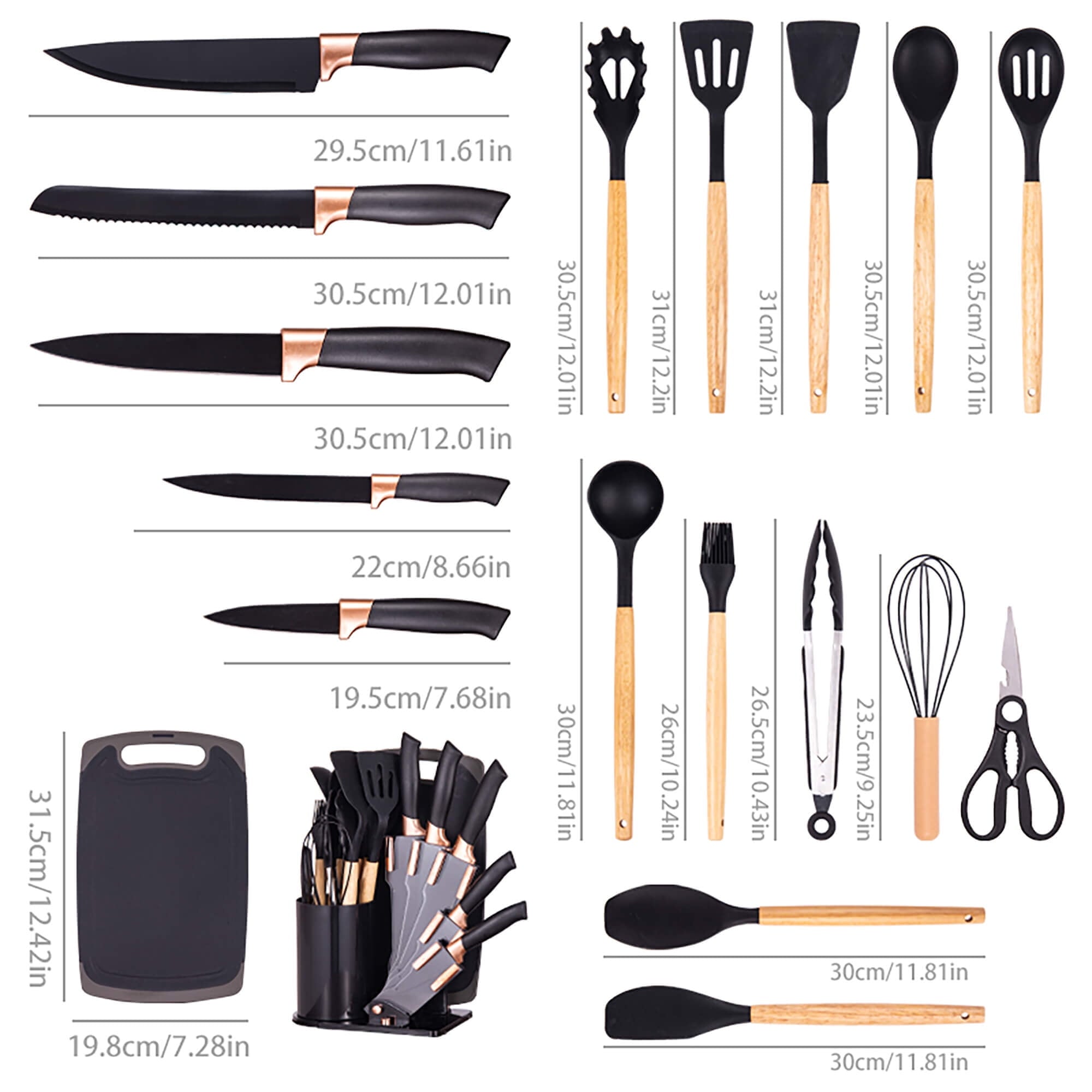 19-Piece Silicone Kitchen Utensil & Knife Set - Heat-Resistant Cooking Tools Non-Stick Safe Gift for Mom or Women Black