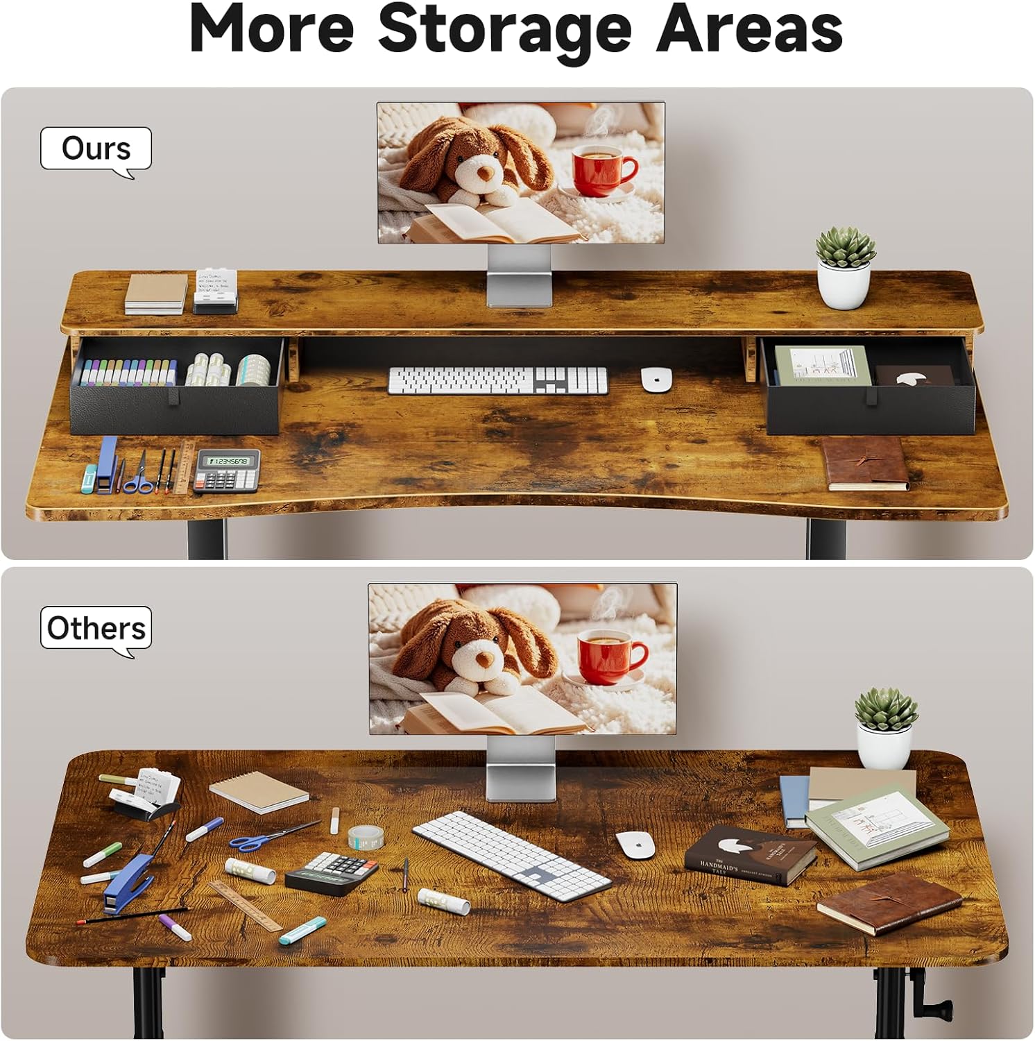Veken 47.2"×27.6" Standing Desk with Storage Drawers, Adjustable Height Computer Table with Monitor Shelf, Home Office Desk for Study, Gaming, Workstation, Brown