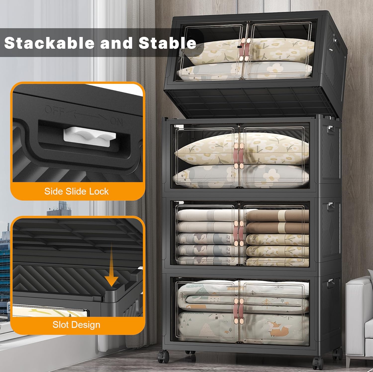 UAMFURI Stackable Storage Bins with Lids & Wheels & Door, Foldable Collapsible Closet Organizers, Extra Large Plastic Storage Drawers for Bedroom Dorm Office Garage (Dark-175QT, 4Pack with 1 top lid)