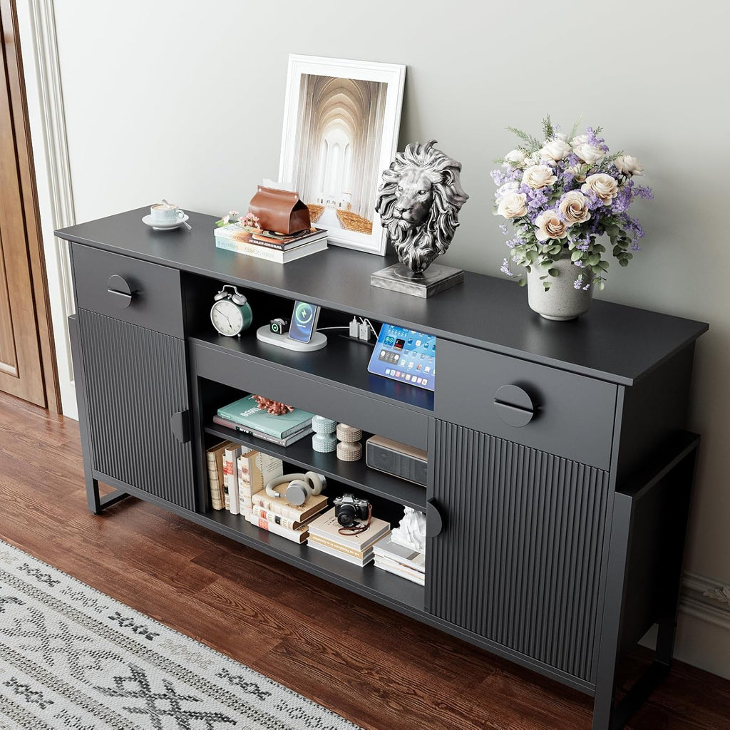 Naice TV Stand for 80 Inch TVs, 38" Tall Entertainment Center with Power Outlet, Stylish TV Stand w/Drawers & Cabinets, Raising Legs, Curved Profile Design, Media Console for Living Room, Black