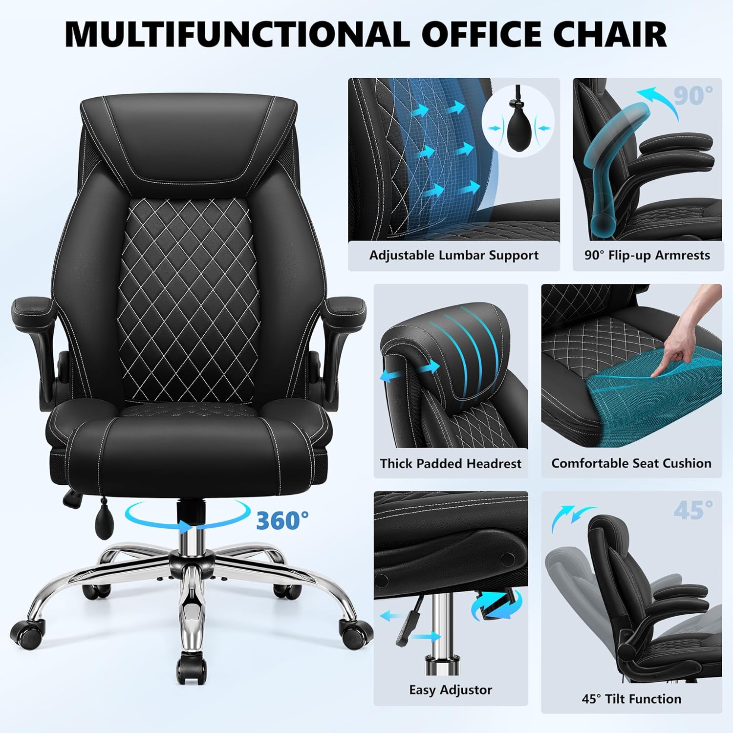 Office Chair, Big and Tall Ergonomic Desk Chair, Executive Leather Computer Chair with Adjustable Lumbar Support, Comfy Gaming Chair with Flip Up Arms, Swivel PC Chair with Rocking Function, Black