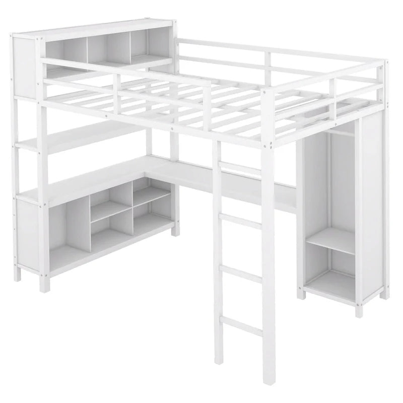 Off-White Metal Loft Bed with Desk and Wardrobe - Full Size
