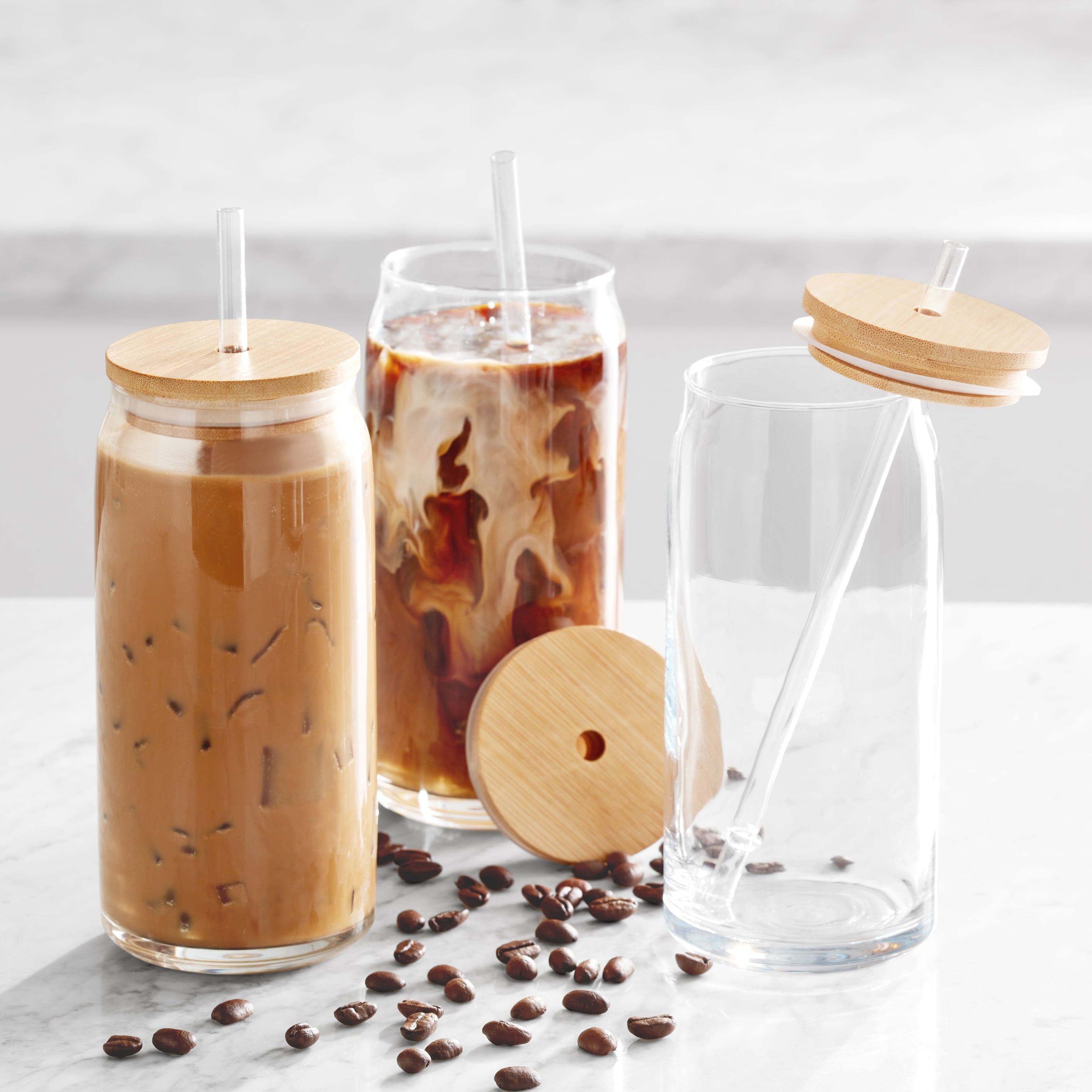Briar Can Glass Drinkware with Lids & Straws, Set of 4