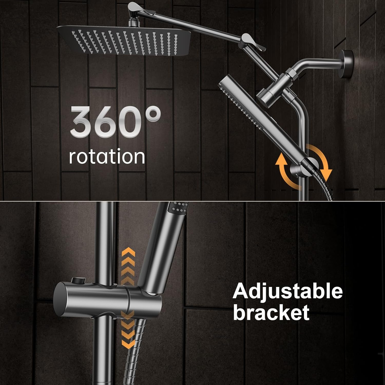 Veken All Metal 10" Gunmetal Gray Shower Head with Handheld, Luxurious Square Double Rain Shower Heads with Spray Combo, Dual High Pressure Detachable Rainfall Showerhead with Extension Arm, Long Hose