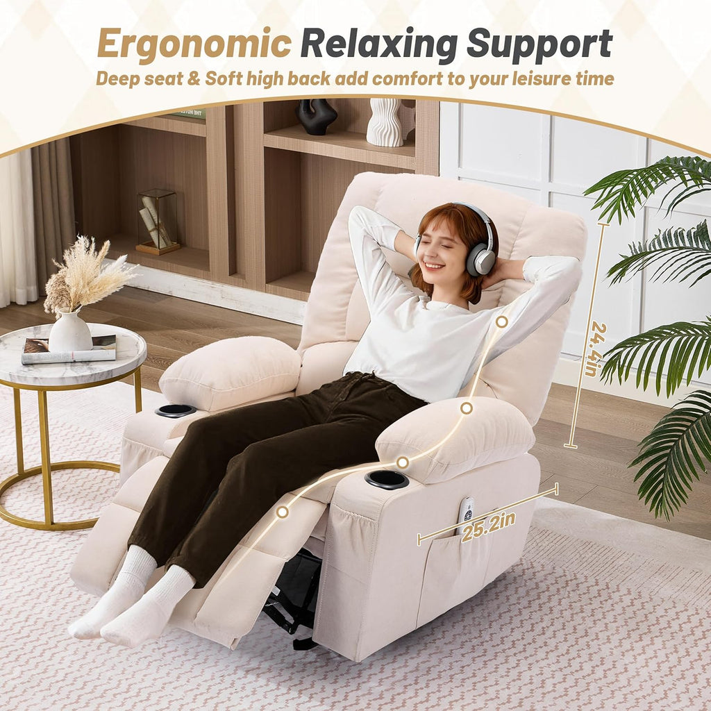 Rocker Recliner Chair with Massage and Heat, Nursery Rocking Chairs for Living Room, Ergonomic Comfy Relining Chair with Cup Holders, USB Charge Port, Side Pockets, Recliner Chair for Adults, Beige