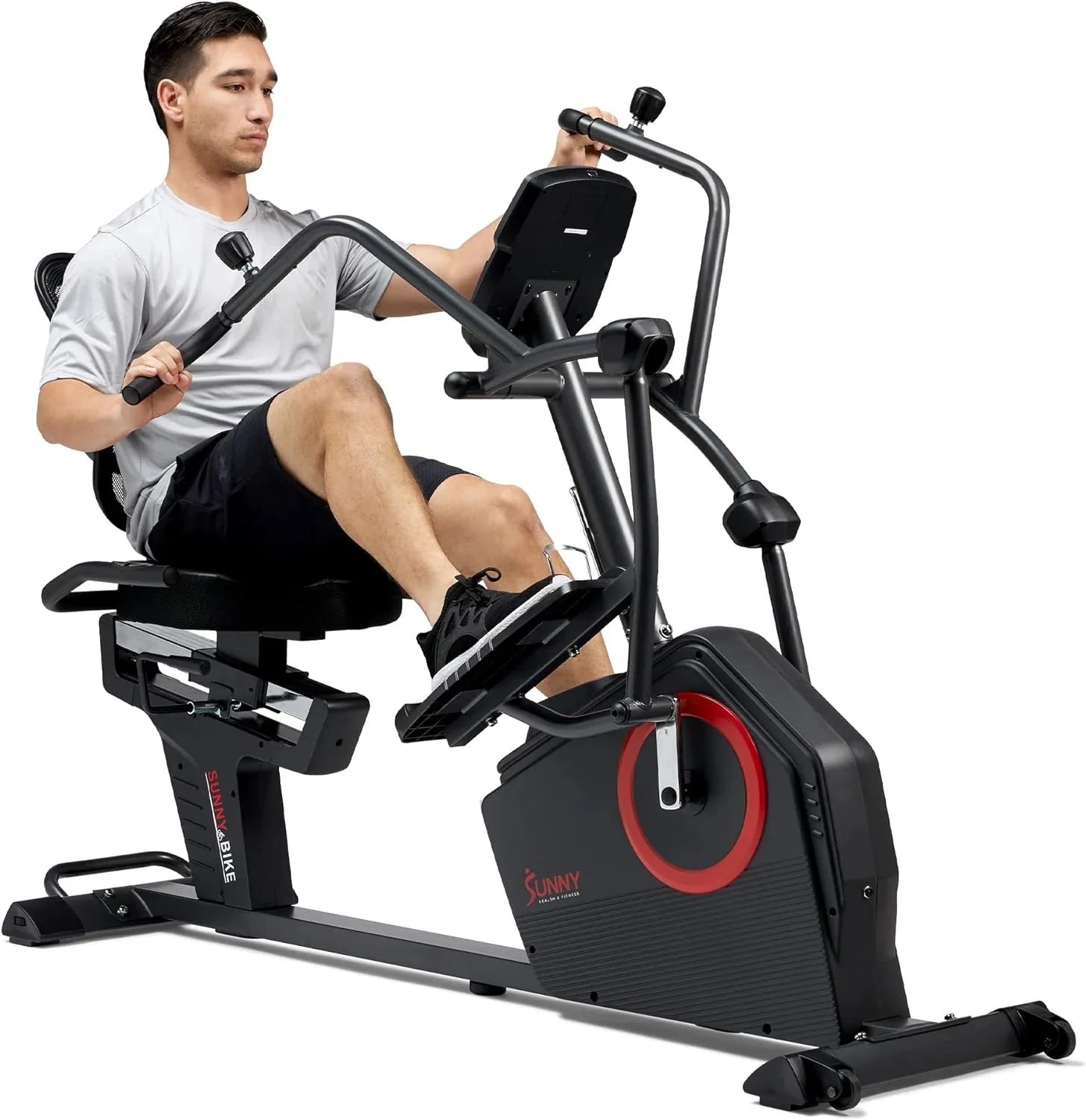 Sunny Health & Fitness Electromagnetic Recumbent Cross Trainer Exercise Elliptical Bike w/Arm Exercisers, Easy Access Seat & Exclusive SunnyFit App Enhanced Bluetooth Connectivity - SF-RBE4886SMART