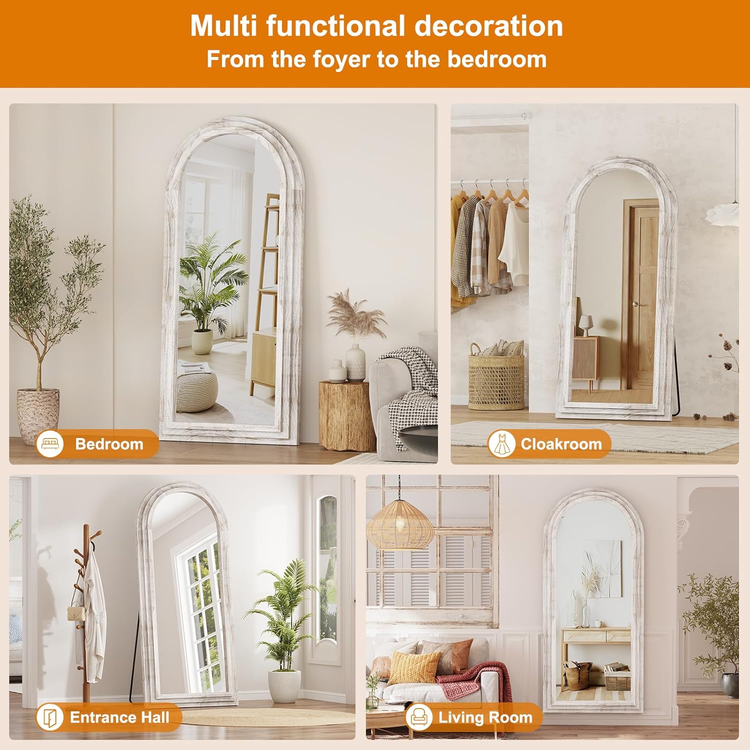 ZHUNFA External Three-Layer Arched Full Length Mirror with Solid Wood Frame,65x22 Modern Farmhouse Decor Standing Mirror Full Length,Wall Mounted,Leaning,Standing for Bedroom,Living Room,White.