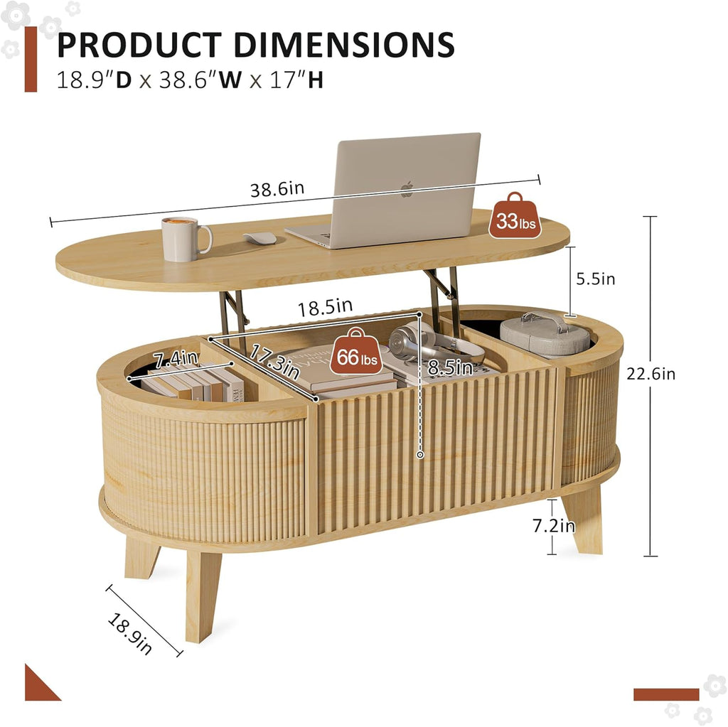 LYNCOHOME Fluted Lift Top Coffee Table with Storage,Modern Oval Coffee Table for Living Room Or Home OfficeNatural