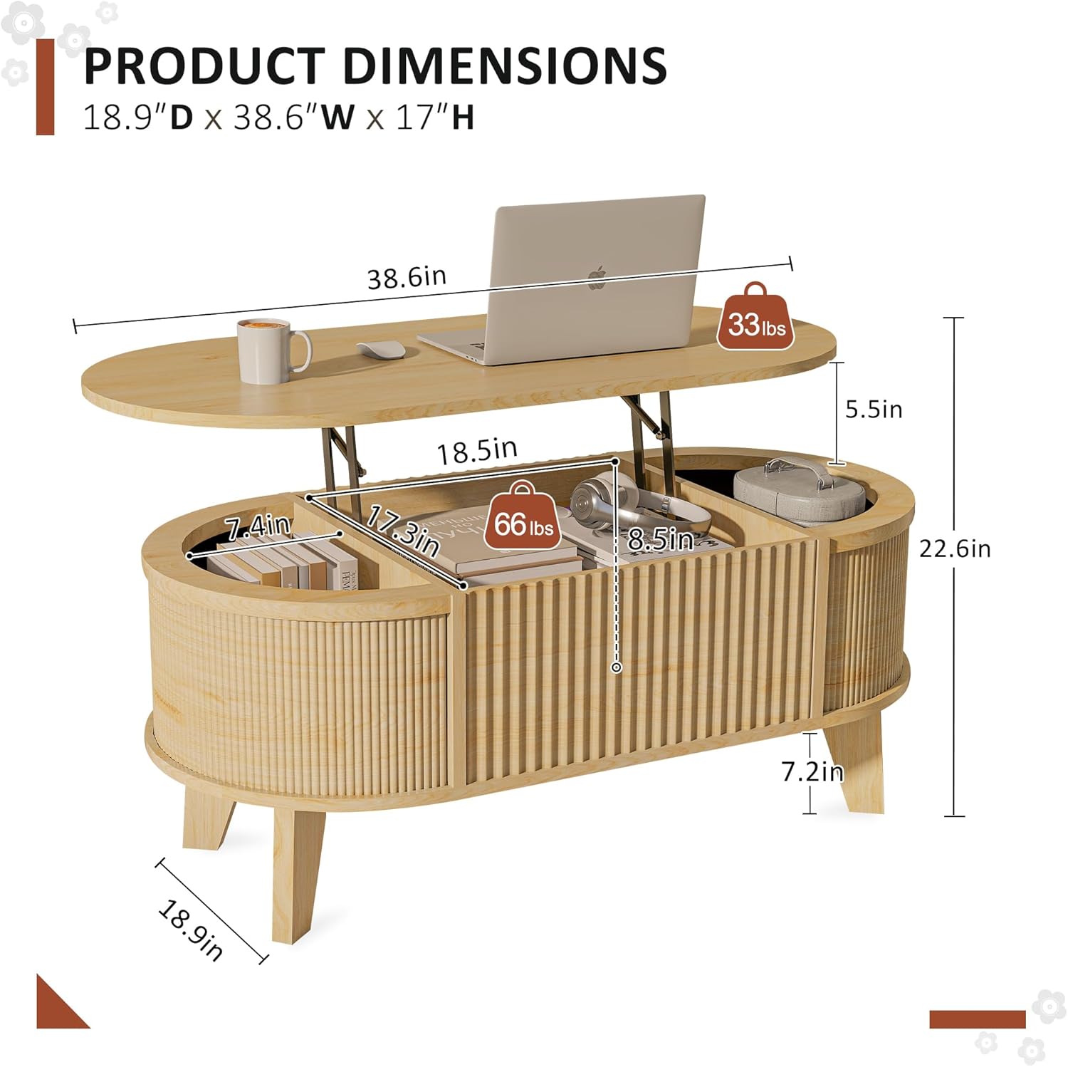 LYNCOHOME Fluted Lift Top Coffee Table with Storage,Modern Oval Coffee Table for Living Room Or Home OfficeNatural
